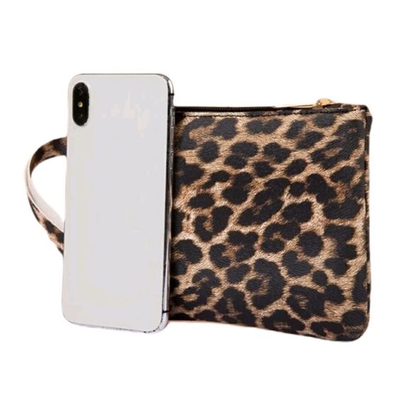 Brown, Black & Tan Leopard Animal Print Clutch Wristlet Handbag - Picture 3 of 5